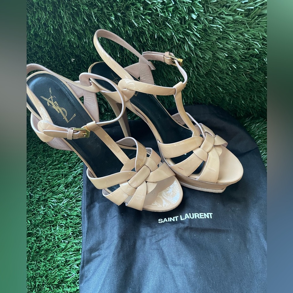 YSL SAINT LAURENT Tribute Platform Patent Leather Tan Nude Sandals Heel Size 41